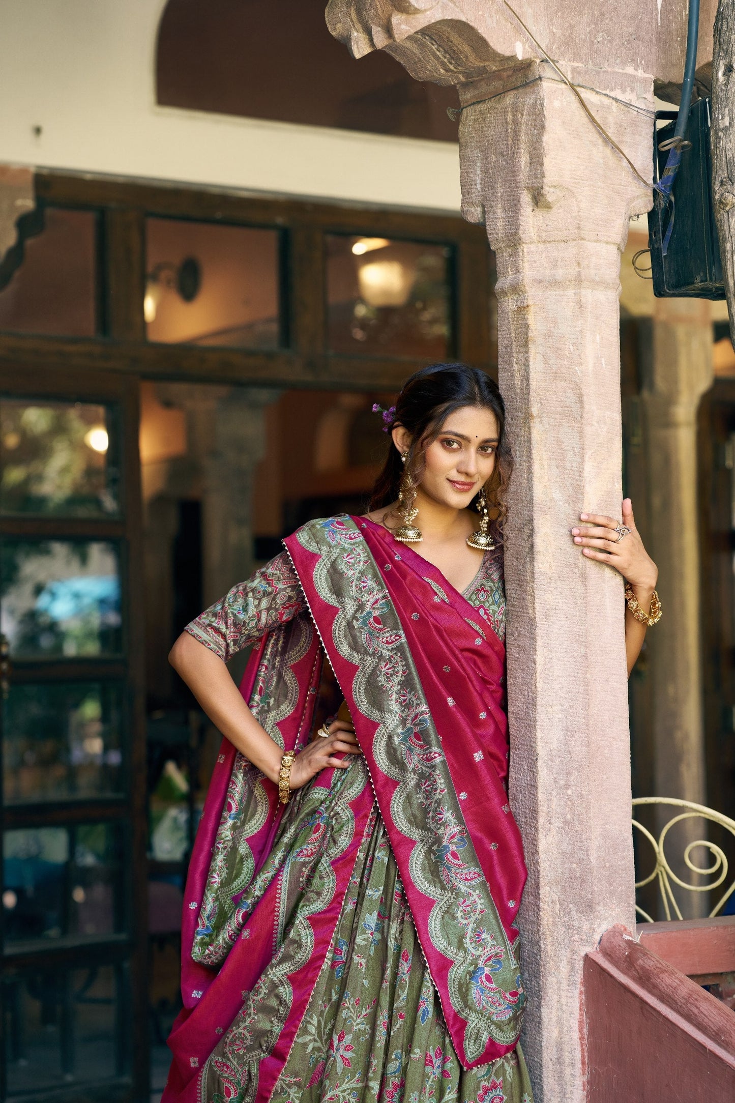 Traditional Wear Green Color Tasar Silk South Style Lehenga Choli