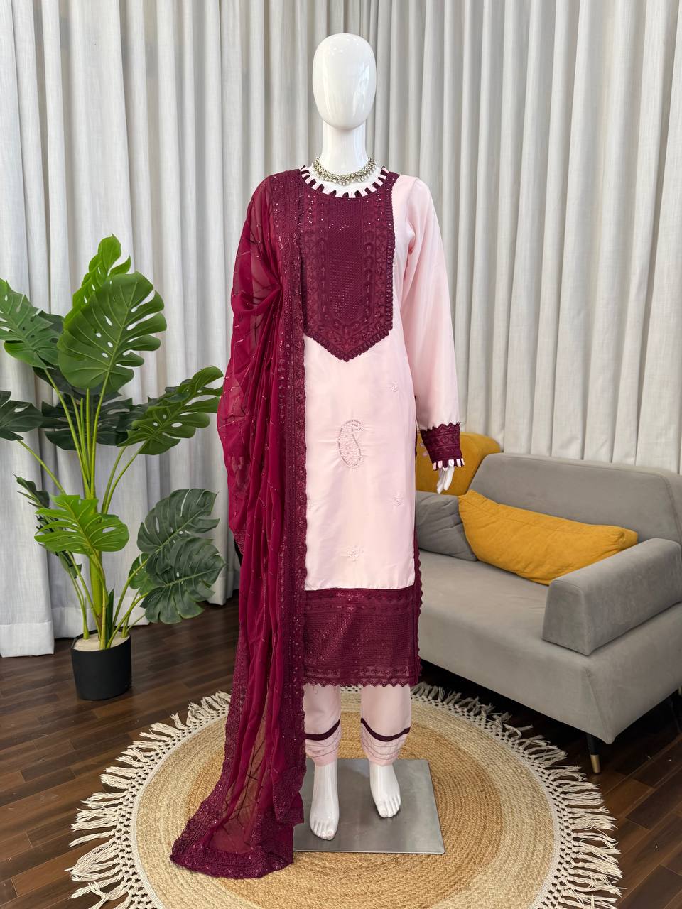 Gorgeous Maroon Color Thread Sequence Work Pakistani Suit