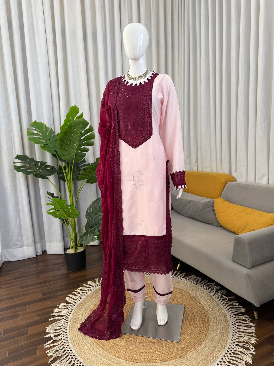Gorgeous Maroon Color Thread Sequence Work Pakistani Suit
