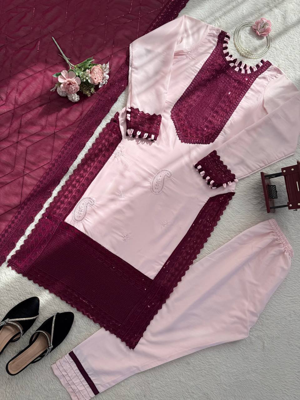 Gorgeous Maroon Color Thread Sequence Work Pakistani Suit