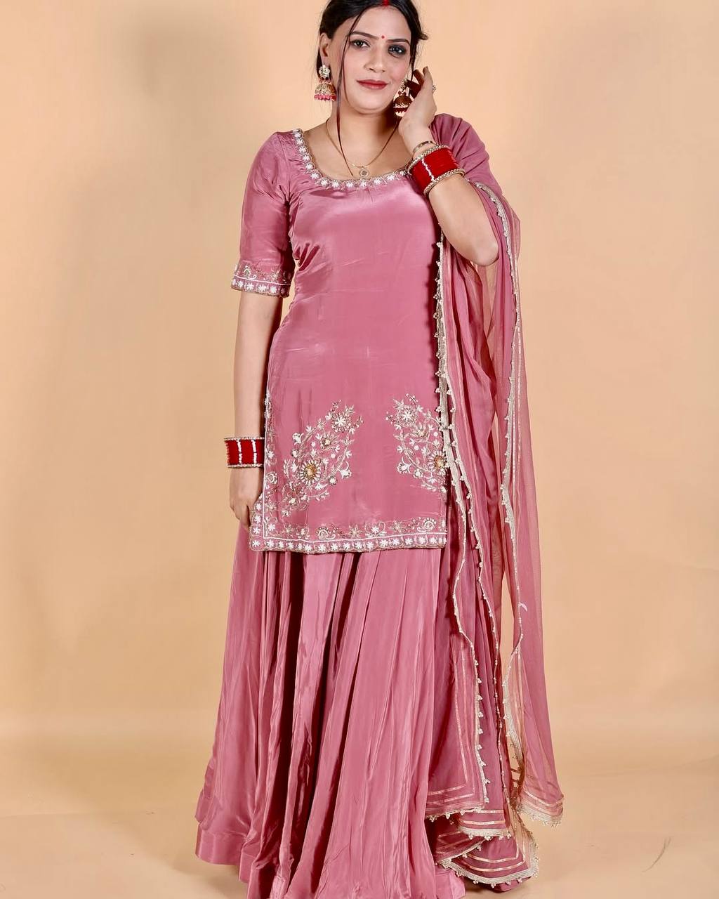 Gorgeous Pink Color Heavy Natural Crepe Embroidered Sequence Work with Fancy Top-Sharara-Dupatta Set