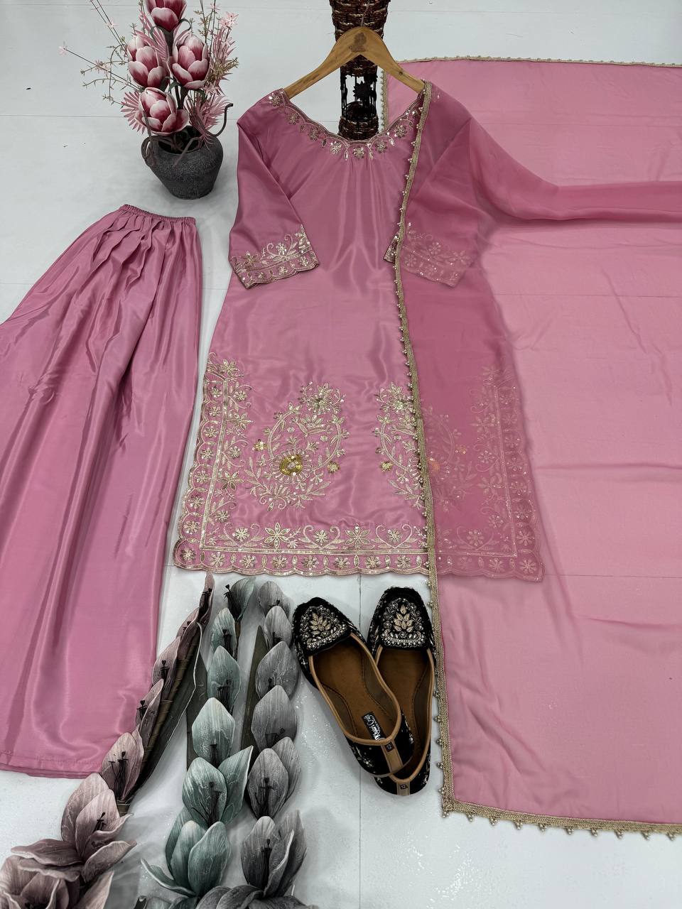 Gorgeous Pink Color Heavy Natural Crepe Embroidered Sequence Work with Fancy Top-Sharara-Dupatta Set