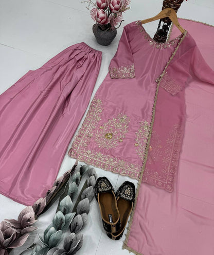 Gorgeous Pink Color Heavy Natural Crepe Embroidered Sequence Work with Fancy Top-Sharara-Dupatta Set