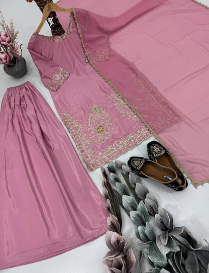 Wedding Wear Pink Color Heavy Natural Crepe Rich Embroidered Sequin Work Sharara Sui