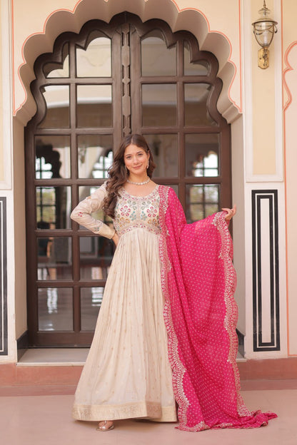 Jaquard Embroidered Off White Color Designer Gown & Pink Dupatta Set