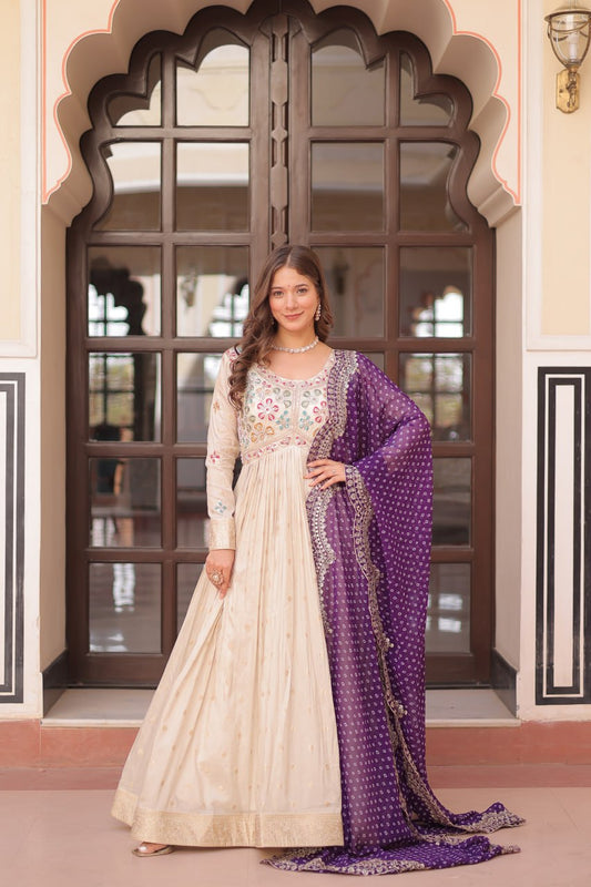 Jaquard Embroidered Off White Color Designer Gown & Purple Dupatta Set