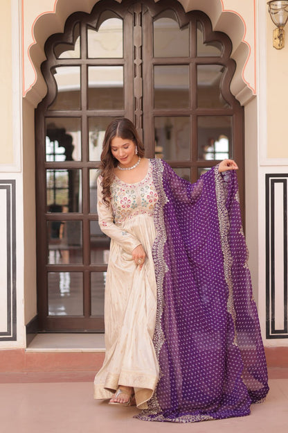 Jaquard Embroidered Off White Color Designer Gown & Purple Dupatta Set