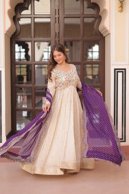 Jaquard Embroidered Off White Color Designer Gown & Purple Dupatta Set