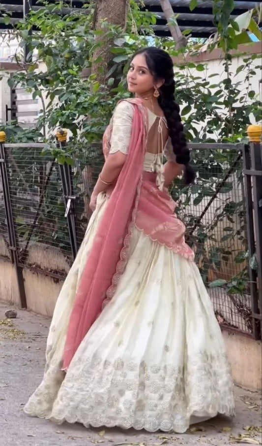 Luxuriant Beige Color Embroidered With Sequence Work Lehenga Choli