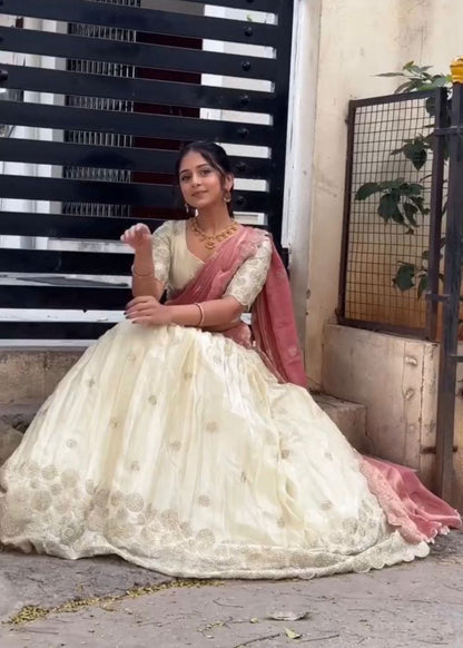 Luxuriant Beige Color Embroidered With Sequence Work Lehenga Choli