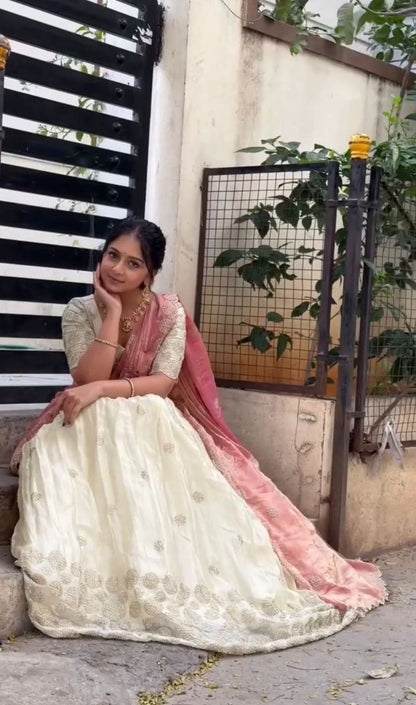 Luxuriant Beige Color Embroidered With Sequence Work Lehenga Choli