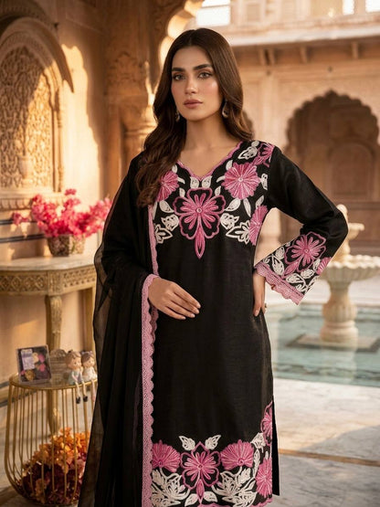 Innovative Black Color Embroidery Thread Work Farshi Suit