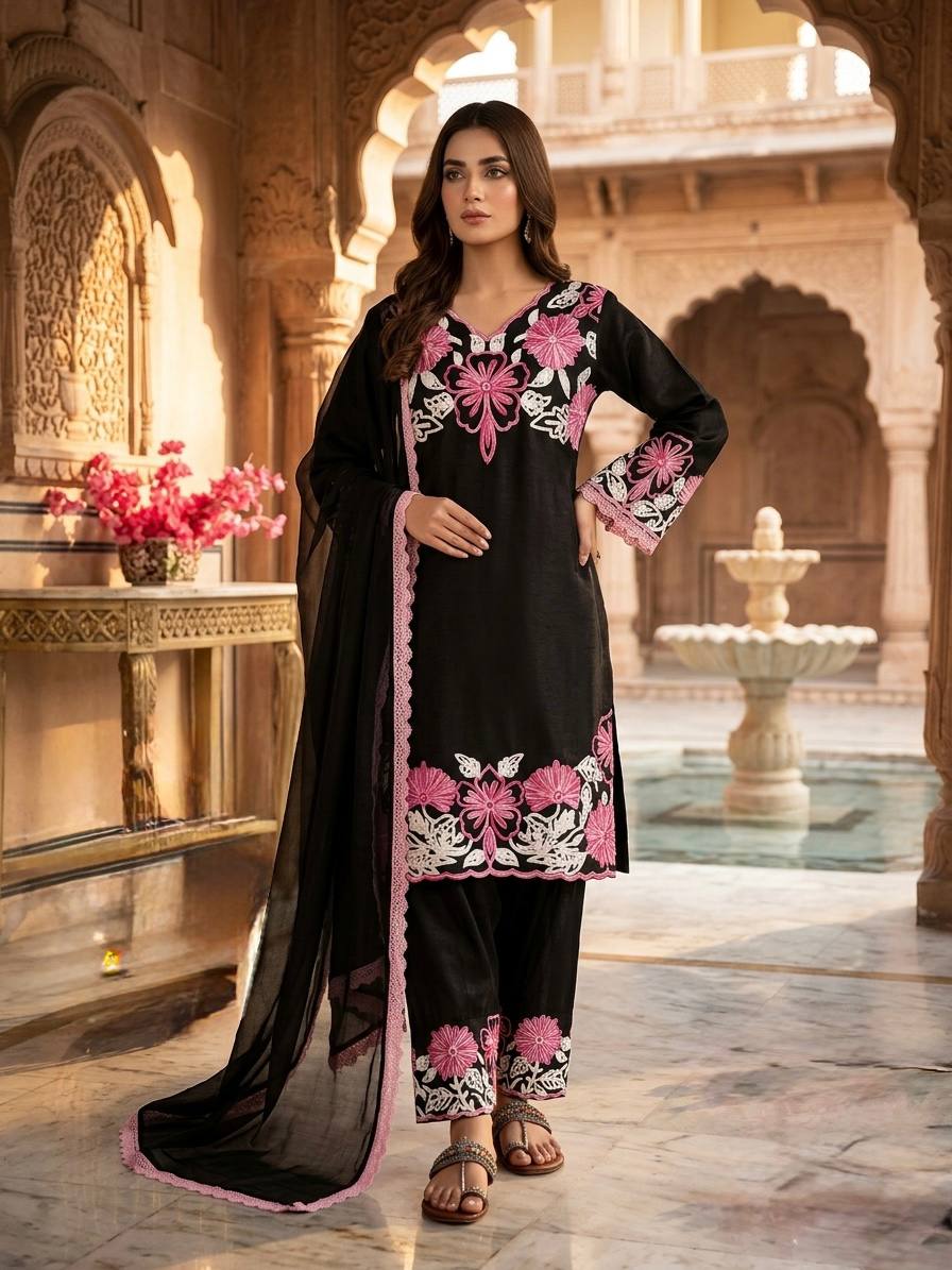 Innovative Black Color Embroidery Thread Work Farshi Suit