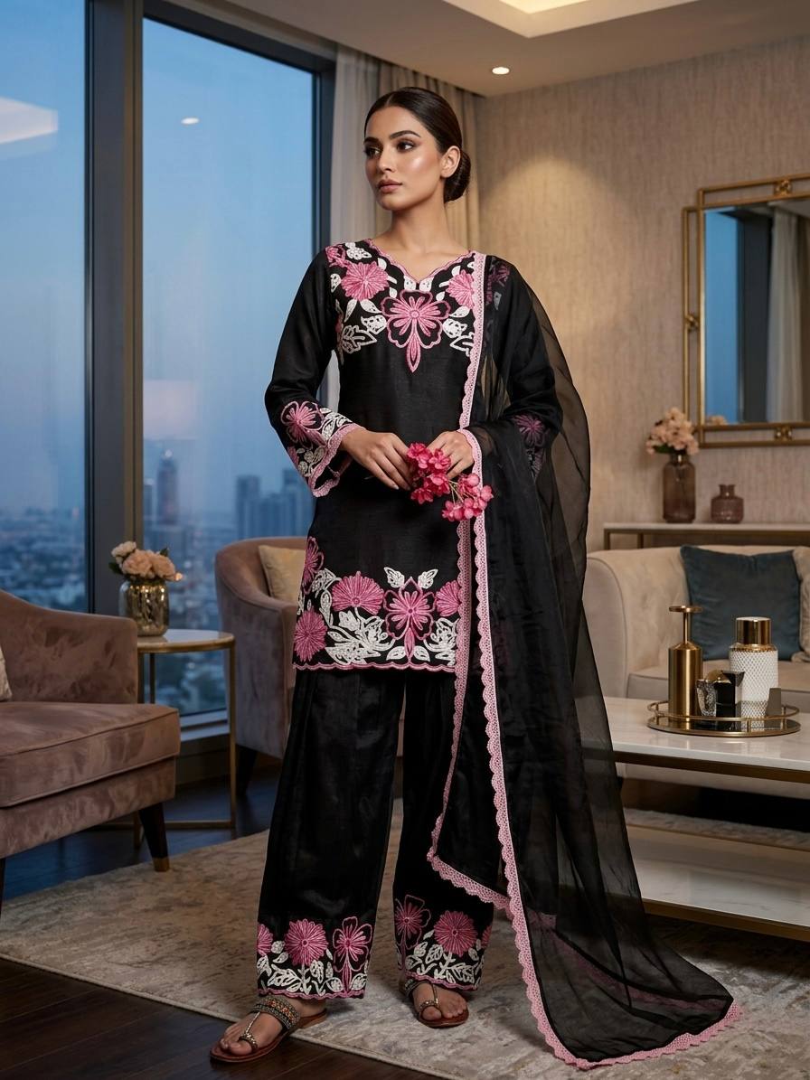 Innovative Black Color Embroidery Thread Work Farshi Suit