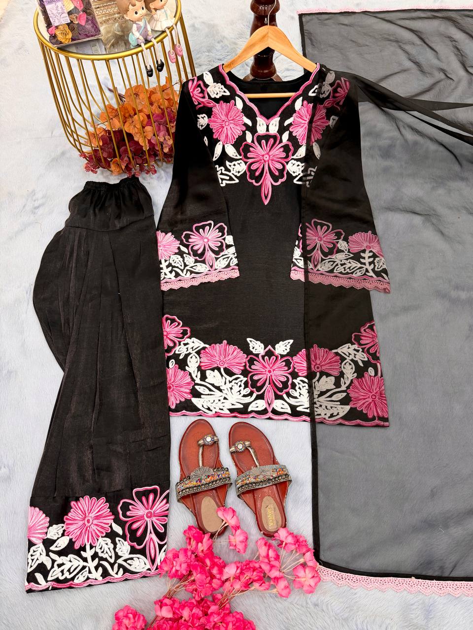 Innovative Black Color Embroidery Thread Work Farshi Suit