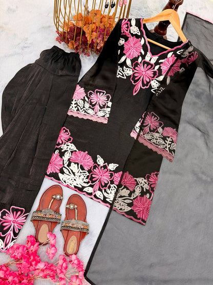 Innovative Black Color Embroidery Thread Work Farshi Suit