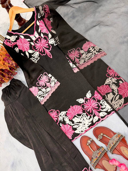 Innovative Black Color Embroidery Thread Work Farshi Suit