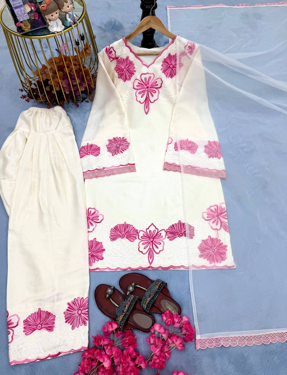 Exclusive White Color Embroidery Thread Work Farshi Suit With Dupatta