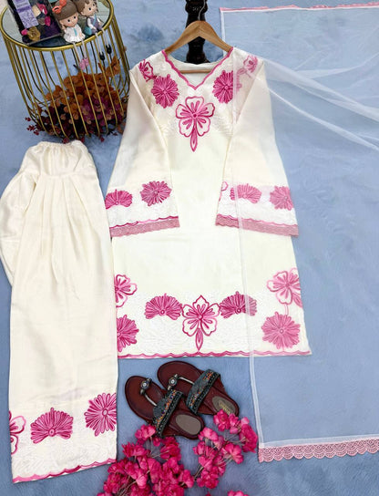 Exclusive White Color Embroidery Thread Work Farshi Suit With Dupatta