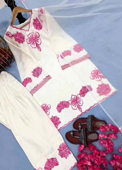 Exclusive White Color Embroidery Thread Work Farshi Suit With Dupatta