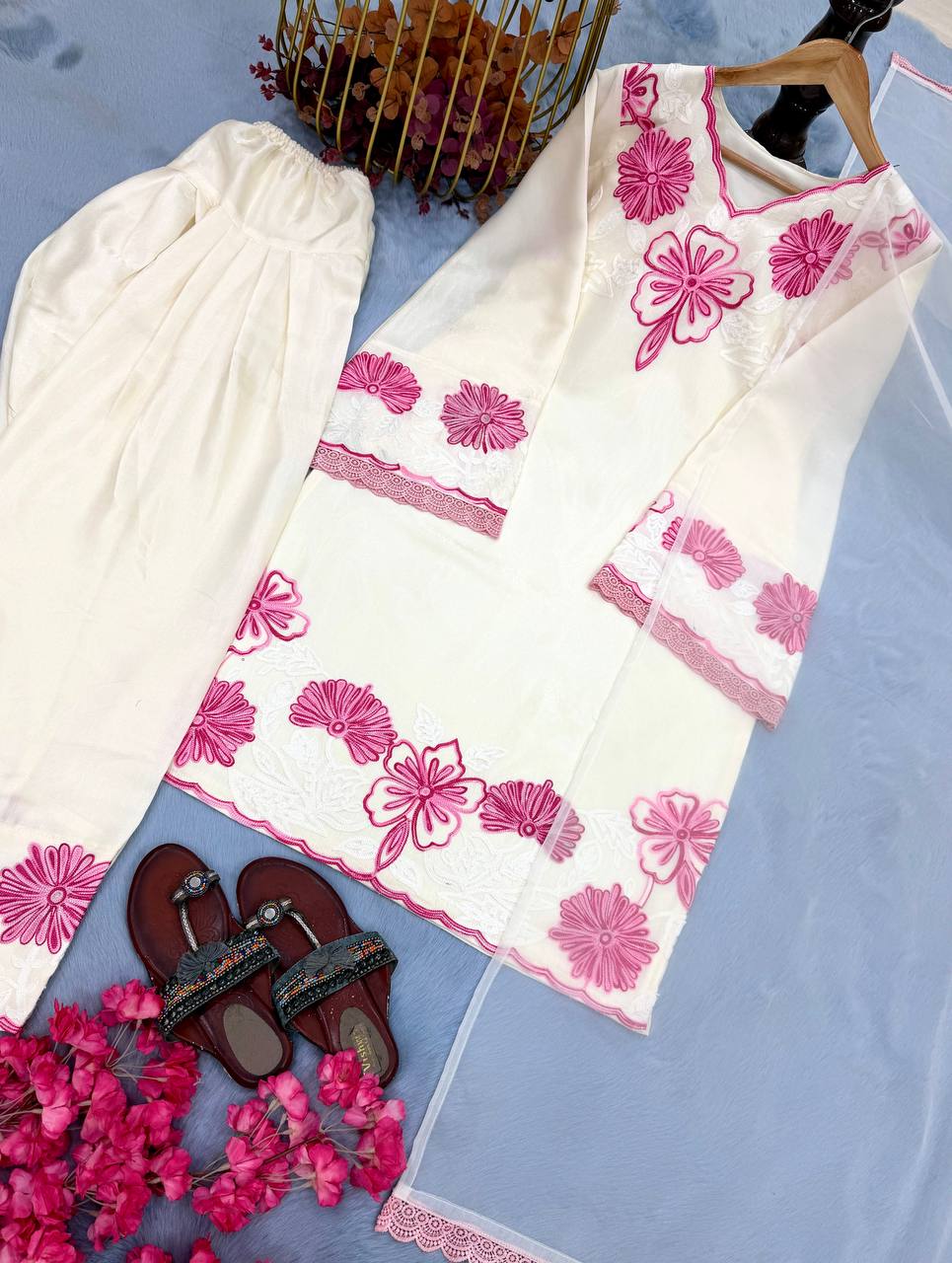 Exclusive White Color Embroidery Thread Work Farshi Suit With Dupatta