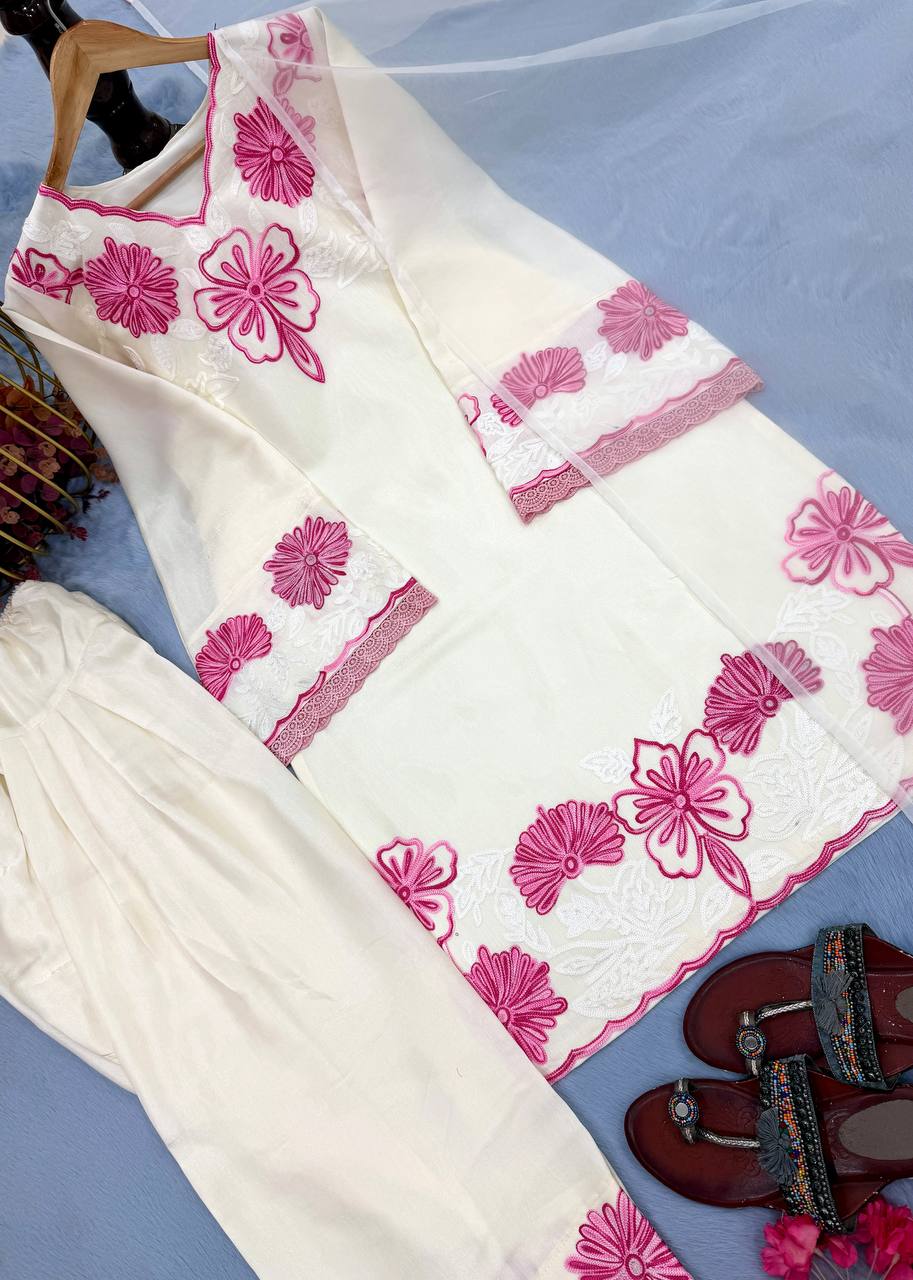 Exclusive White Color Embroidery Thread Work Farshi Suit With Dupatta