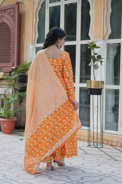 Fabulous Orange Color Pure Cotton Printed Designer Anarkali Suit