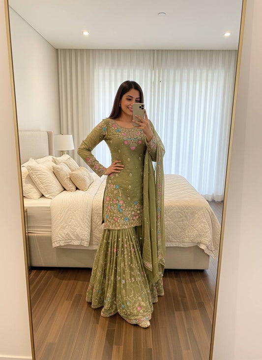 Weddiing Wear Embroidery Green Color 3-Piece Anarkali Sharara Set