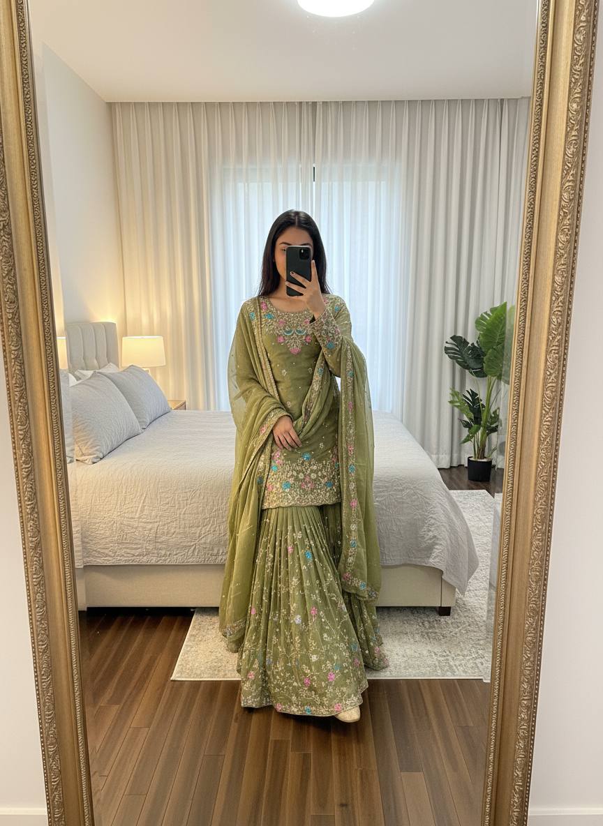 Weddiing Wear Embroidery Green Color 3-Piece Anarkali Sharara Set
