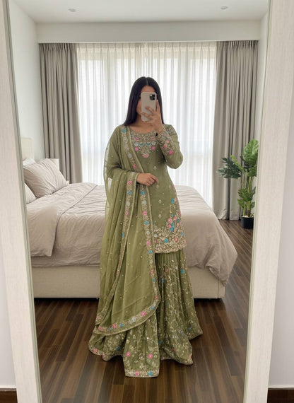 Weddiing Wear Embroidery Green Color 3-Piece Anarkali Sharara Set