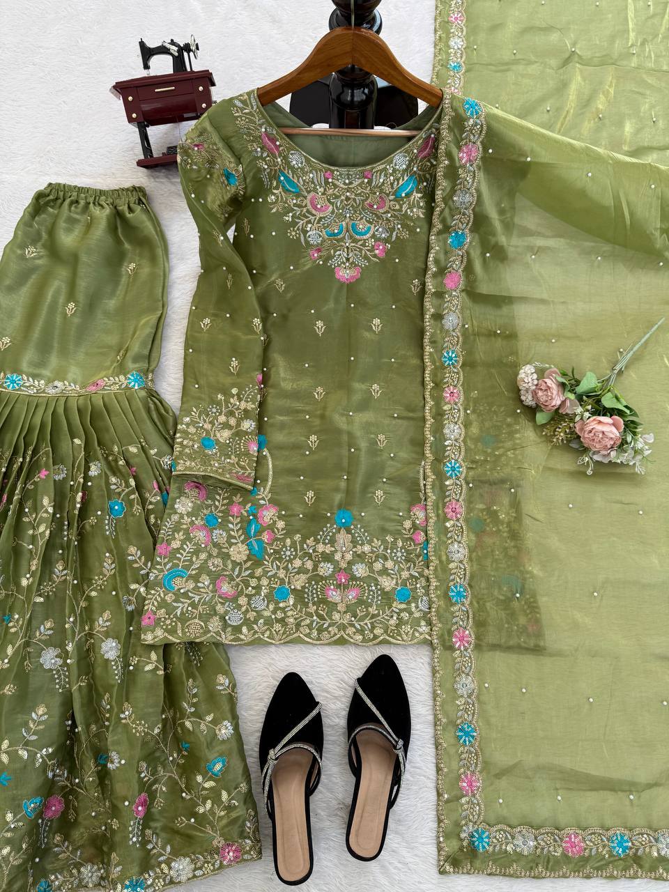 Weddiing Wear Embroidery Green Color 3-Piece Anarkali Sharara Set