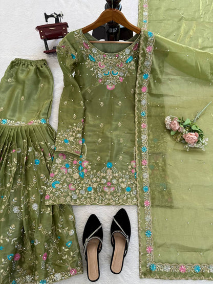Weddiing Wear Embroidery Green Color 3-Piece Anarkali Sharara Set