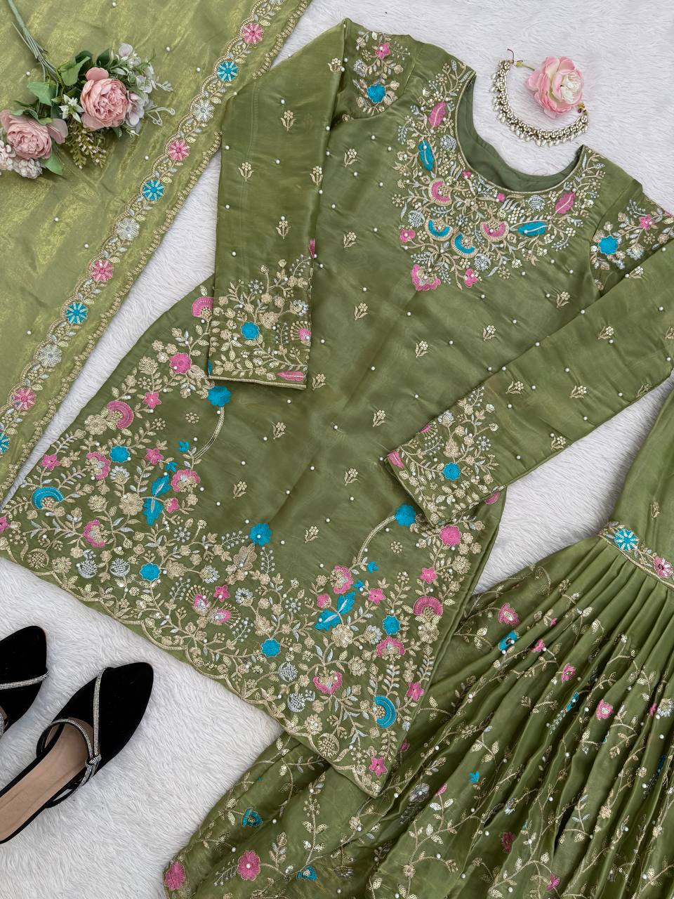 Weddiing Wear Embroidery Green Color 3-Piece Anarkali Sharara Set