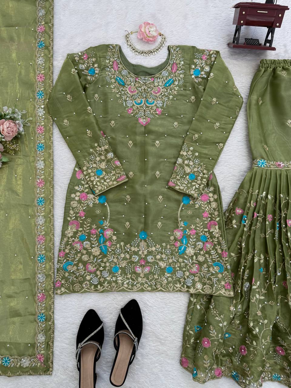 Weddiing Wear Embroidery Green Color 3-Piece Anarkali Sharara Set