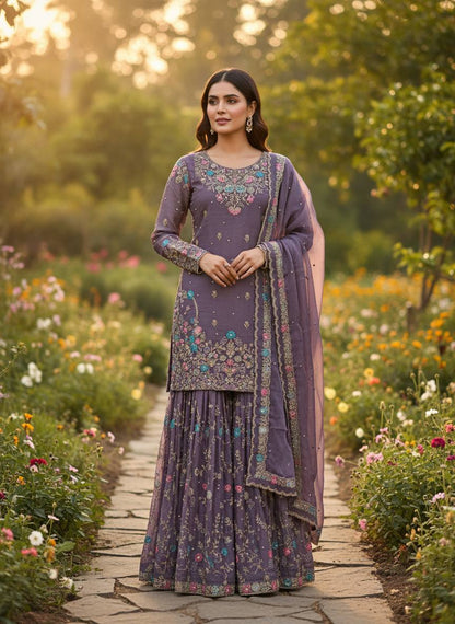 Weddiing Wear Embroidery Purple Color 3-Piece Anarkali Sharara Set