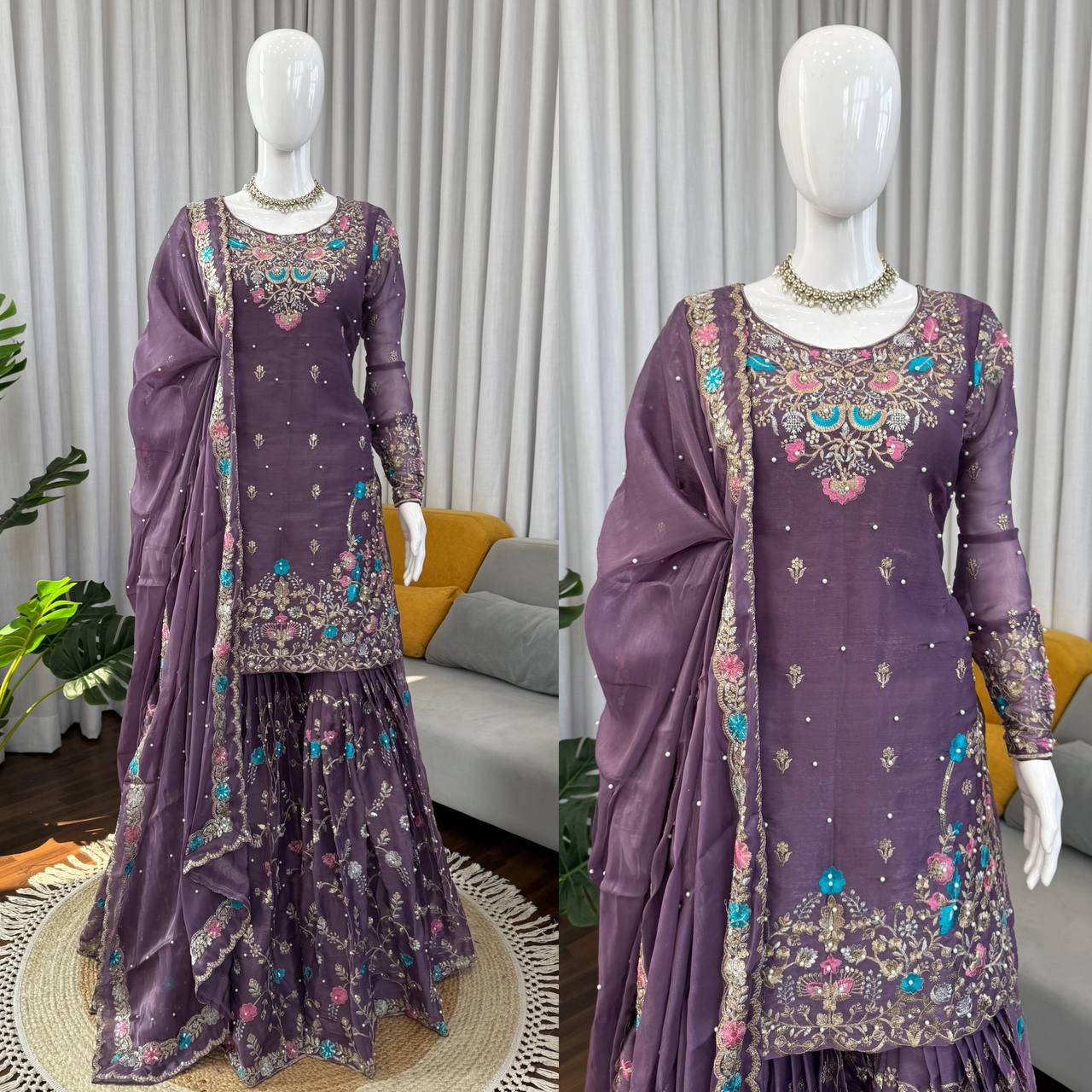 Weddiing Wear Embroidery Purple Color 3-Piece Anarkali Sharara Set