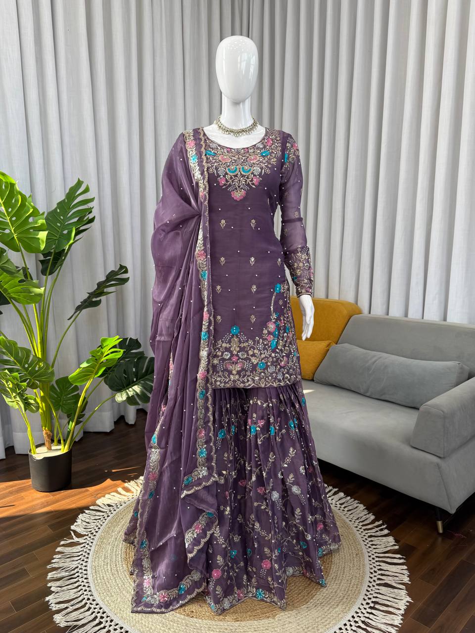 Weddiing Wear Embroidery Purple Color 3-Piece Anarkali Sharara Set