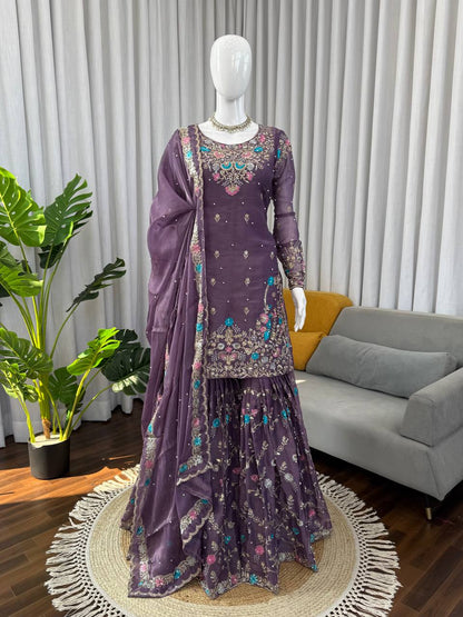 Weddiing Wear Embroidery Purple Color 3-Piece Anarkali Sharara Set