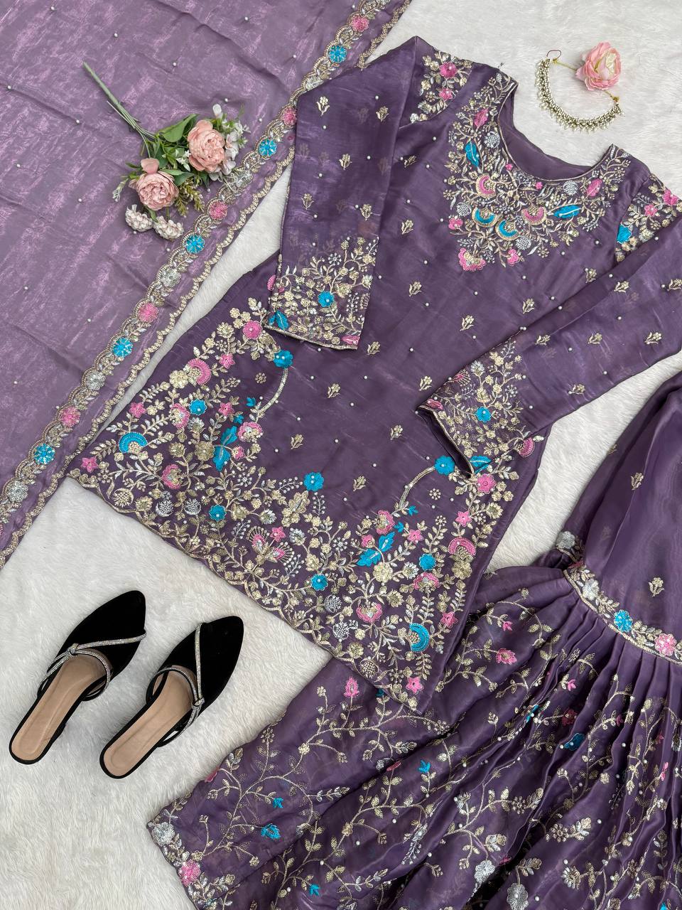Weddiing Wear Embroidery Purple Color 3-Piece Anarkali Sharara Set