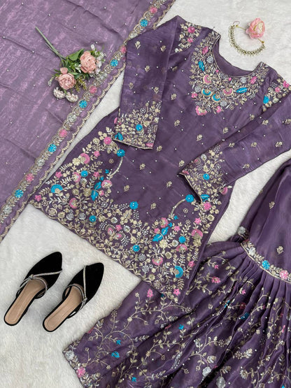 Weddiing Wear Embroidery Purple Color 3-Piece Anarkali Sharara Set