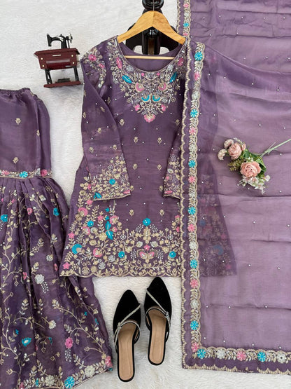 Weddiing Wear Embroidery Purple Color 3-Piece Anarkali Sharara Set