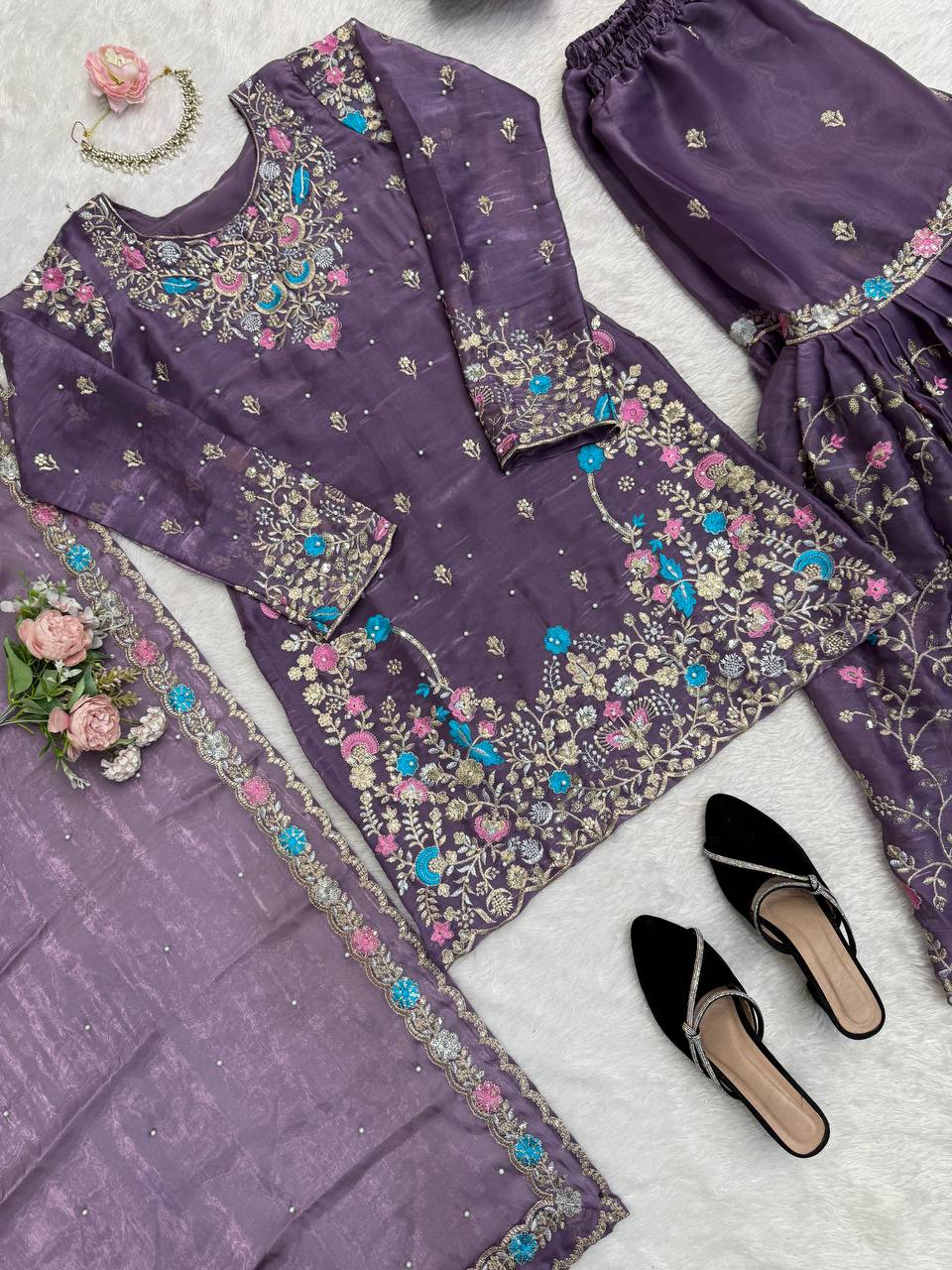 Weddiing Wear Embroidery Purple Color 3-Piece Anarkali Sharara Set