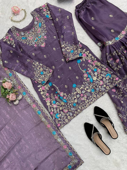 Weddiing Wear Embroidery Purple Color 3-Piece Anarkali Sharara Set