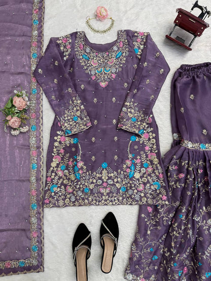 Weddiing Wear Embroidery Purple Color 3-Piece Anarkali Sharara Set