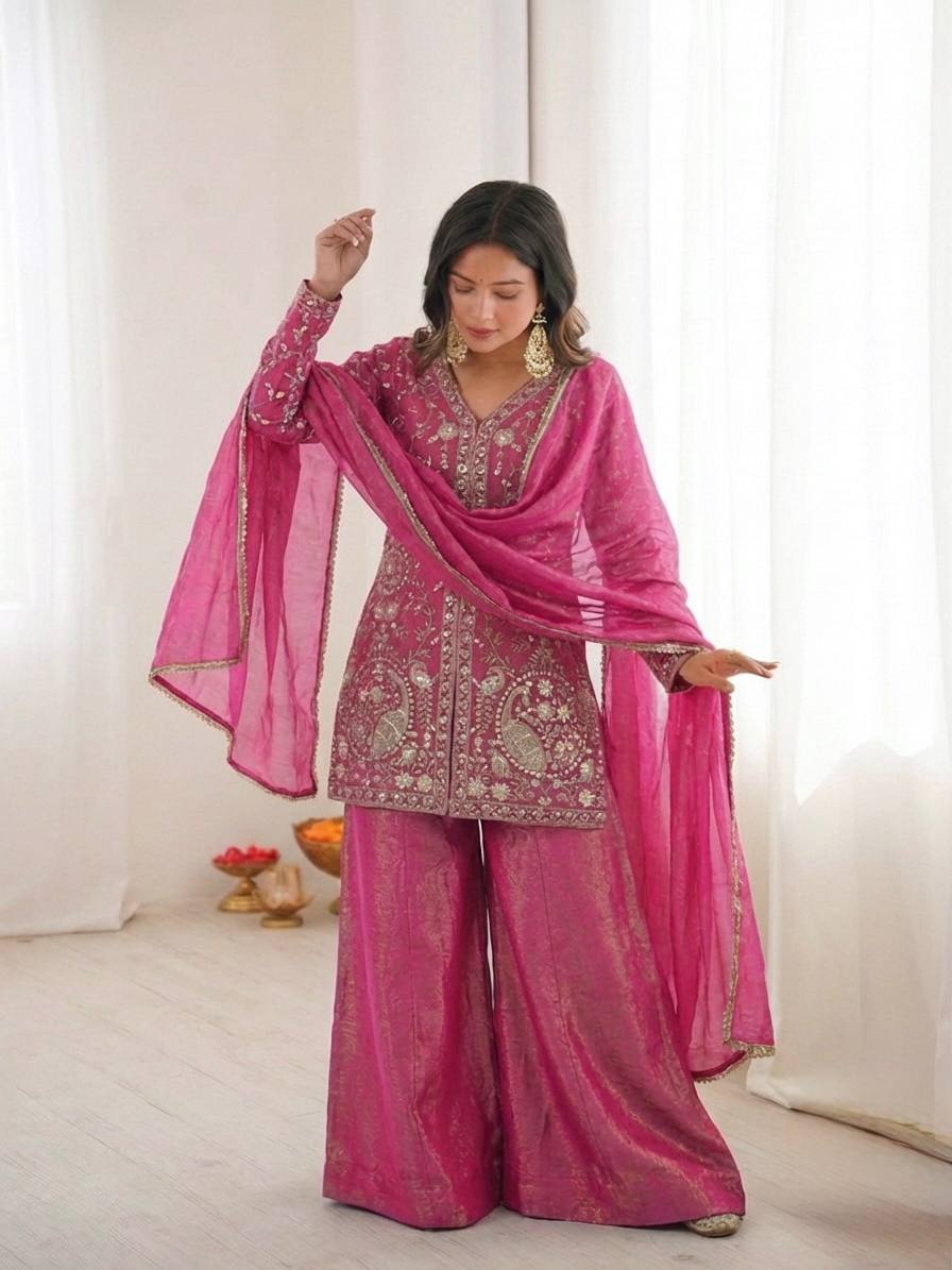 Arti Chuahan Wear Pink Color Heavy Embroidered Palazzo suit With Dupatta