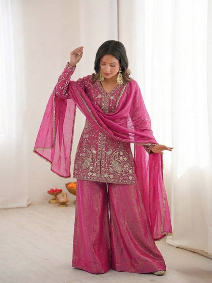 Arti Chuahan Wear Pink Color Heavy Embroidered Palazzo suit With Dupatta