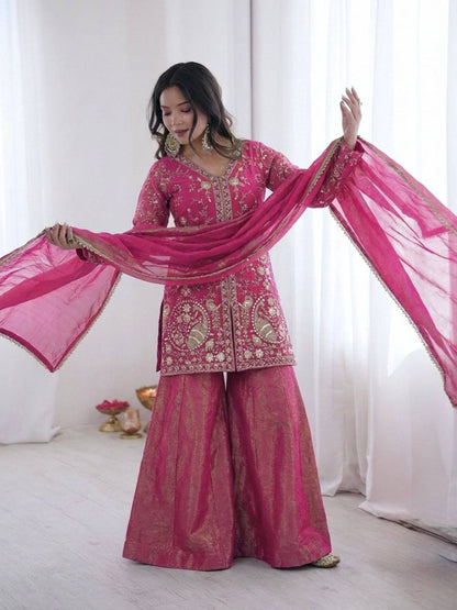 Arti Chuahan Wear Pink Color Heavy Embroidered Palazzo suit With Dupatta