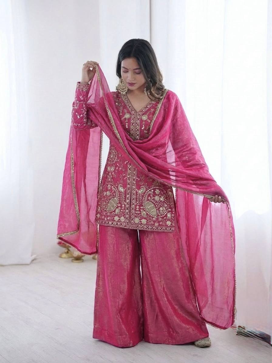 Arti Chuahan Wear Pink Color Heavy Embroidered Palazzo suit With Dupatta