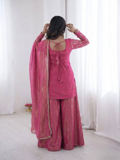 Arti Chuahan Wear Pink Color Heavy Embroidered Palazzo suit With Dupatta