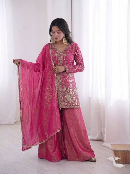 Arti Chuahan Wear Pink Color Heavy Embroidered Palazzo suit With Dupatta